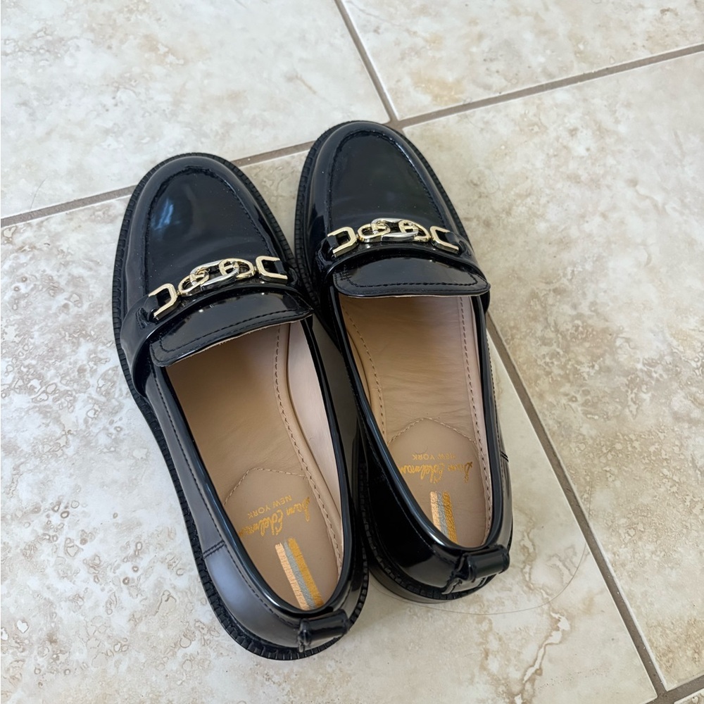 Sam Edelman Black and Gold Loafers with Chain Detail